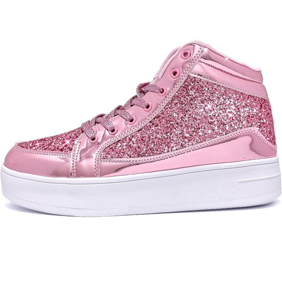 Women's Pink Shiny Glitter Sequin Shoes High Top Sneakers Fashion Bling - Picture 6 of 6